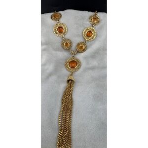 Vintage Tassel Necklace Orange Medallion Gold Tone Acrylic 18"
